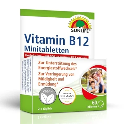 Obrázek SUNLIFE tablety vitamín B12 Mini 1x60 kusů kvalitní doplněk stravy s 500 µg vitamínu B 12 vitaminem B1 / B2 &amp; B6 ve vysokých dávkách bez lepku a laktózy