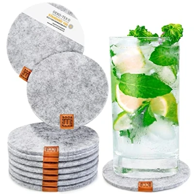 Obrázek Miqio® Designové plstěné tácky kulaté nebo hranaté na sklenice Udržitelné Oekotex skleněné podtácky z plsti 10 podtácků nápoje, svíčky, hrnky, bar, sklo stolní dekorace