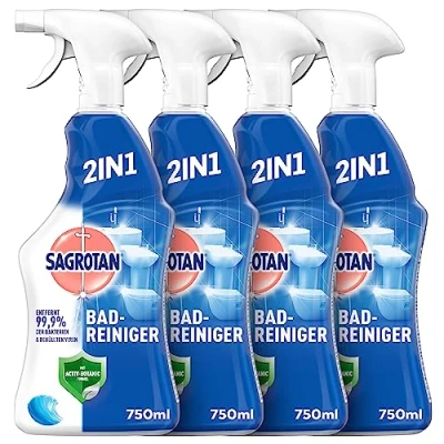 Obrázek Sagrotan Koupelnový čistič Ocean frische dezinfekční 2v1 s fólií proti nečistotám pro spolehlivou hygienu v koupelně 4 x 750 ml láhev rozprašovačem