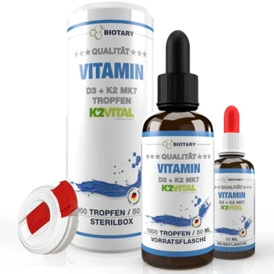 Obrázek Vitamín D3 + K2 kapky 50 ml (K2VITAL®) 99,7+% All Trans včetně sterilního boxu cestovní lahvičky vysoké dávky 1 000 IU = 25µg 20µg K2, laboratorně testováno