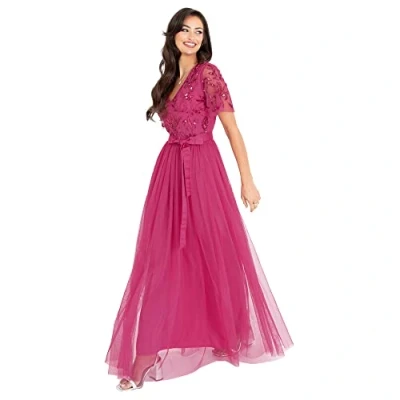Obrázek Maya Deluxe Dámské Maxi Dress Ladies Ball Gown for Wedding Guest Embellished Tie Waist V Neck Bridesmaid Prom Evening Occasion šaty, Fuchsiová