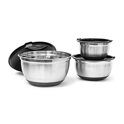 Obrázek Relaxdays sada misek BOWLY s víkem, V x Š H: cca 14,5 25,5 cm, 3 ks, stohovatelná, ušlechtilá ocel, stříbrno černá
