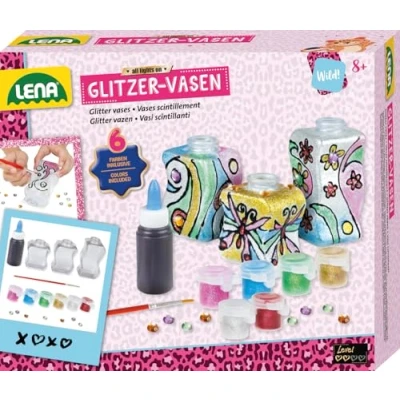 Obrázek Lena 42693 sada pro kutily třpytivé vázy, kompletní se 3 malými lahvičkami z plastu, 6 třpytivých barev, malířské štětce, konturovací pasta a dekorační kameny, na malování sklo děti