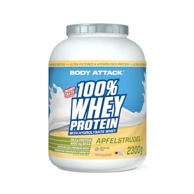 Obrázek Body Attack 100% Whey Protein jablečný závin 2,3 kg Made in Germany extra krémový proteinový prášek s hydrolyzátem a BCAA&#039;s, podporuje růst svalů diety pro sportovce