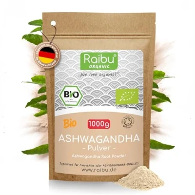 Obrázek Raibu Ashwagandha prášek bio 1000 g kořen indický ženšen ve vysoké kvalitě bez přísad, z německé výroby, Withania somnifera
