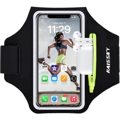 Obrázek HAISSKY Mobilní telefon odolný proti potu, sportovní náramek s kapsou Airpods Pro iPhone 12 MAX/iPhone 11/11 Pro/XR/XS/X/8 Plus/7 Plus/8/7/6s/6, Huawei P20 / P30 Pro/Mate 20 Xiaomi, LG přihrádkou na kabely držákem karty