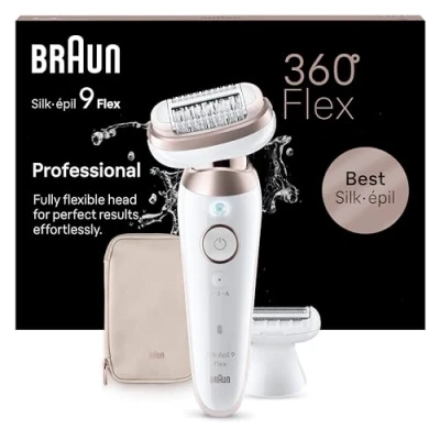 Obrázek Braun Dámský epilátor Silk épil 9 Flex, odstraňovač chloupků pro dlouhotrvající odstraňování chloupků, nástavec na holení, zastřihování, 030 3D, bílý/růžový titan