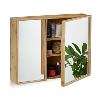 Obrázek Relaxdays koupelnová zrcadlová skříňka 2dveřová, nástěnná z bambusu, předmontovaná VxŠxH: 50 x 65 14 cm, přírodní