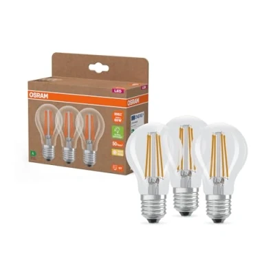 Obrázek Osram Vysoce účinné LED žárovky s energetickou účinností třída A, výhodné balení se 3 žárovkami, nahrazuje běžné 60W žárovky, ve tvaru teplá bílá (2700 K), E27, Filament sklo