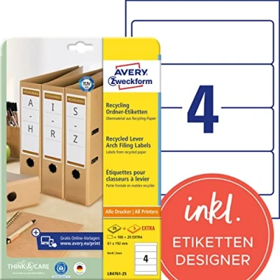 Obrázek AVERY Zweckform LR4761 25 recyklovaný hřbety pořadačů (120 štítek, 61 x 192 mm na A4, 100% starý papír, široký/krátký, samolepicí, potištěný etiketu pořadače) 30 listů, přírodní bílá