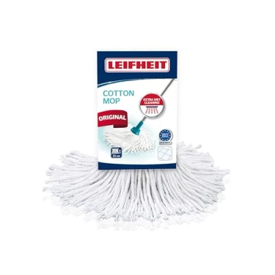 Obrázek Leifheit Náhradní hlava Classic Mop Cotton, pro odolné skvrny na dlaždicích a kamenných podlahách, extra vysoká absorpce vody výdej, savá bavlna, lze prát 60 C, flexibilní proužky hlavy mopu