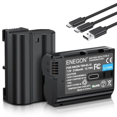 Obrázek ENEGON EN EL15/EL15c USB C přímé nabíjení náhradní akumulátory 2100 mAh (balení 2 ks) s nabíjecím kabelem v 1 pro Nikon EL15 a D7100, D750, D7000, D7200, D610,