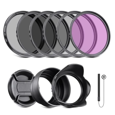 Obrázek NEEWER 67mm ND Sada filtrů a příslušenství k objektivu, ND2 ND4 ND8 UV FLD CPL(Circular Polarizing) s krytem objektivu / tulipánovou clonou protisvětla