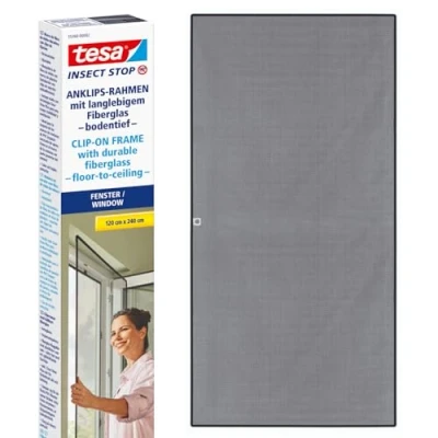 Obrázek tesa Insect Stop Clip On síť proti hmyzu k zacvaknutí do okna z PVC hloubky dna rám s možností zastřihování, trvanlivého sklolaminátu, samolepicí příchytky 1,2 x 2,4 m antracitová