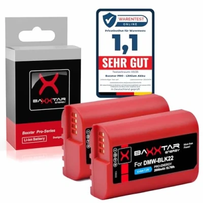 Obrázek Baxxtar Pro DMW BLK22 E Kamerový akumulátor (2X 2600 mAh) kompatibilní s Panasonic DC S5 S5D S5II X S5K G9 GH5 II GH5S