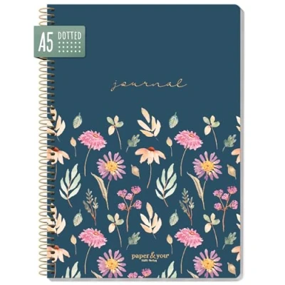 Obrázek paper&amp;you® Bullet Journal dotted A5 se spirálovou vazbou &quot;Flying Flowers&quot; 160 stran, poznámkový blok tečkovaný spirálou, na vysoké škole, spirálový blok, udržitelný a šetrný k