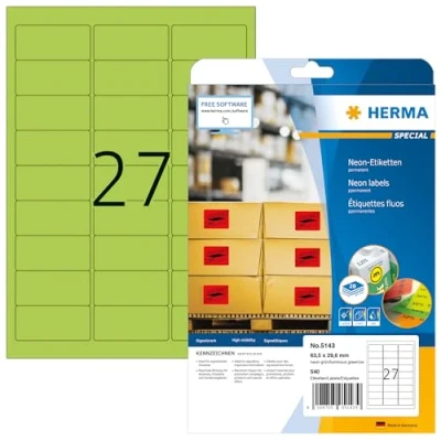 Obrázek HERMA 5143 barevné etikety neonově zelené, 20 listů, 63,5 x 29,6 mm, 27 na arch A4, 540 kusů, samolepicí, potištěné, matné, blanko papír, neonové nálepky