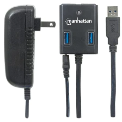 Obrázek Manhattan Rozbočovač USB 3.0 (4 porty, napájení přes síťový zdroj nebo USB) 162302 černý