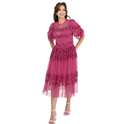 Obrázek Maya Deluxe Damen Womens Midi Ladies Sequin Embellished Short Sleeve Dress for Wedding Guest Bridesmaid Prom Ball Evening Occasion Kleid, Fuchsia,36