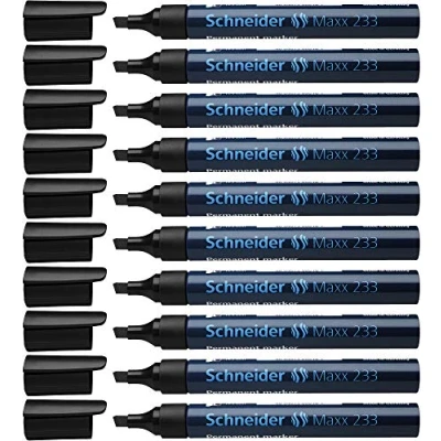 Obrázek Schneider Maxx 233 permanentní značkovač s klínovým hrotem (doplňovatelný, Cap Off Ink, hliníkový dřík, 1 5 mm) balení 10 ks černá