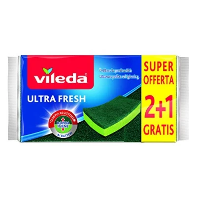 Obrázek Vileda Ultra Fresh Schleifschwamm, saugfähig, Kratzfest, mit Faserteil, antibakteriell, Format 2+1, Grün