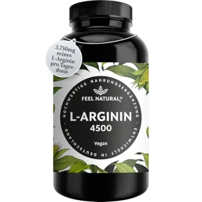 Obrázek L arginin 365 veganských kapslí 4500 mg rostlinného argininu HCL z fermentace (z toho 3750 čistého arginu) v denní dávce vysoká dávka, bez přísad, laboratorně testováno, vyrobeno