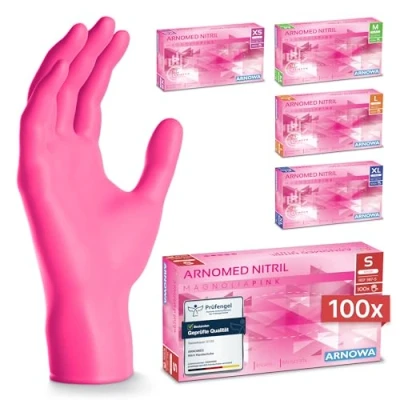 Obrázek ARNOMED jednorázové rukavice růžové se 100 kusy/krabičkou, S, nitrilové rukavice, bez pudru, gumové latexu, na jedno použití v XS, M, L &amp; XL
