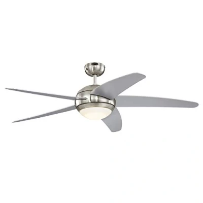 Obrázek 72069 Bendan LED 132 cm stropní ventilátor s pěti křídly, provedení hedvábně matný chrom efektem úderu kladiva, stmívatelné světlo opálovým sklem, dálkové ovládání součástí dodávky