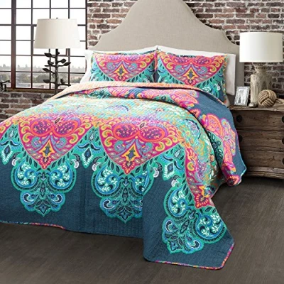Obrázek Lush Decor Boho Chic Wende Bettwäsche Set aus Baumwolle, 3 teilig, Queen Size Bett, Türkis und Marineblau, helles Paisleymuster, lebendiges farbenfrohes Bohemian