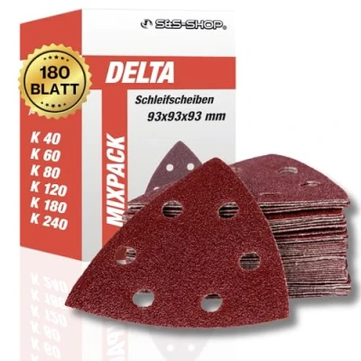 Obrázek delta brusný trojúhelník se suchým zipem, 180 listů, 93 x mm, 6 otvorů, po 30 zrnko 40 60 80 120 240, pro brusky a multifunkční brusky, trojúhelníkové papír, odsávání