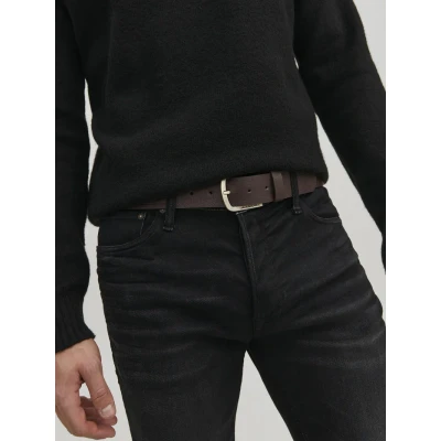 Obrázek JACK &amp; JONES Pánský kožený pásek JACHARRY Belt s logem kovová přezka, Černá káva