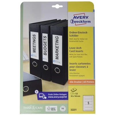Obrázek AVERY Zweckform 32231 vkládací štítky na pořadače (50 x 146 mm DIN A4, pro široké/krátké pořadače, 125 kusů 25 listů) bílé