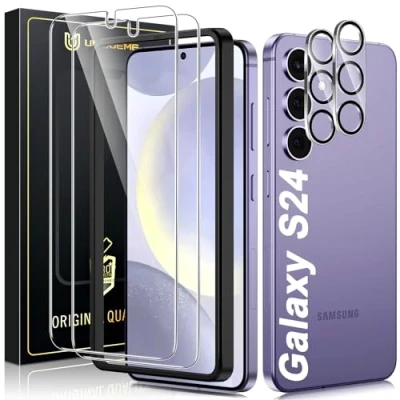 Obrázek UniqueMe 4 kusy ochranné fólie pro Samsung Galaxy S24 pancéřové sklo, 2 sklo a ochrany fotoaparátu, tvrdost 9H pancéřová ochrana displeje, HD čirá