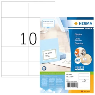 Obrázek HERMA Univerzální etikety 4425, 100 listů, 105 x 57 mm, 10 na arch A4, 1000 kusů, samolepicí, potisknutelné, matné, prázdné papírové lepicí samolepky, bílé