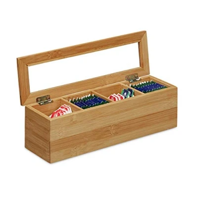 Obrázek Relaxdays Čajový box bambus, 4 přihrádky, úzké, okénko z plastu, V x Š H: 9 30 cm, malý, podlouhlý, přírodní