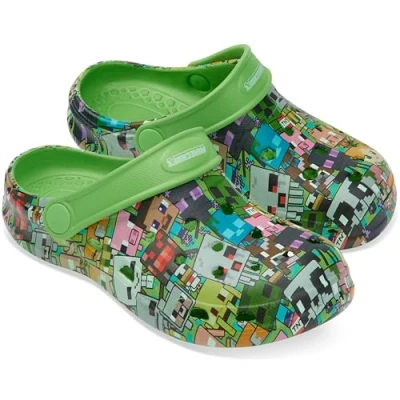 Obrázek Minecraft Clogs dětské zahradní boty na pláž k bazénu, domácí chlapci s řemenem snímatelný přívěsek boty, dárky pro chlapce (zelená bez přívěsků, 32/33 EU), Zelené přívěsky