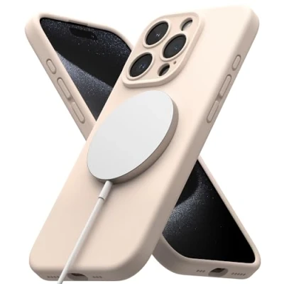 Obrázek Ringke Magnetic Case kompatibilní s iPhone 15 Pro Max pouzdro 6,7 palců MagSafe [Silicone Magnetic] ochrana fotoaparátu a měkký pocit ze silikonu magnetické na mobil růžové