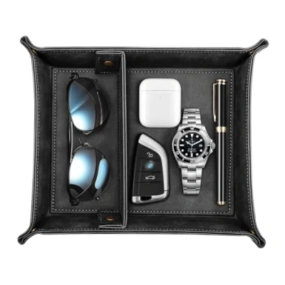 Obrázek SITHON Taschenleerer, Tablett Organizer Ablage Aufbewahrungsbox Abnehmbare 2 Fächer Kunstleder Ablageschale für Handy Schmuck Schlüssel Kleingeld Geldbörse und Büroausstattung, (Schwarz)