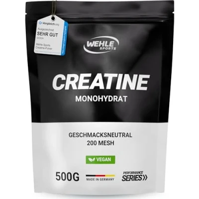 Obrázek kreatin monohydrát prášek čistý mikronizovaná kvalita Mesh 200 optimální vysoká dávka 100% veganský Wehle Sports (500 g)