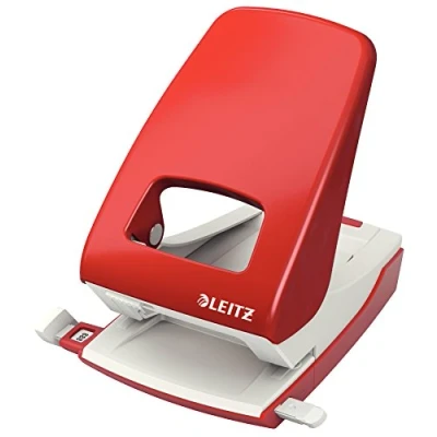 Obrázek Leitz Silná kancelářská děrovačka z kovu, na 40 listů, kolejnice s údaji o formátu, ergonomický design, červená, 51386025