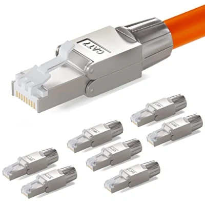 Obrázek hb digital 8x CAT 7 RJ45 síťová zástrčka pro tuhý LAN kabel instalační Ethernet bez nářadí LSA 10 Gbit/s AWG 22 24 plně stíněný STP 50μ pozlacené kontakty