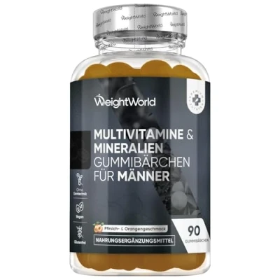 Obrázek Multivitamínové gumy pro muže s makou, zinkem, vitaminem C, B12, selenem imunitní systém, energii a metabolismus 90 ovocných gumových medvídků vitamíny minerály broskev pomerančová
