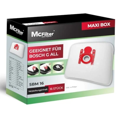 Obrázek McFilter 16 sáčků do vysavače kompatibilní s Bosch série 2 4 6 8, BBZ16FGALL typ G ALL, vhodné pro BGL8XHYG, BGD38RD1H, BGDS2CHAMP GL 20 30 allergy MoveOn Mini vč. mikrofiltrů