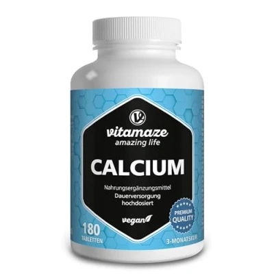 Obrázek Tablety vápníku ve vysokých dávkách vegan, 180 tablet po dobu 3 měsíců, 800 mg uhličitanu vápenatého v denní dávce, organický doplněk stravy bez přísad, vyrobeno Německu