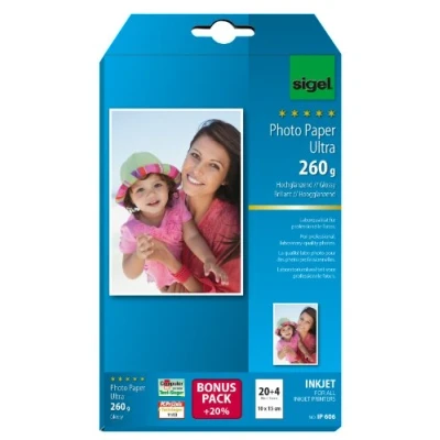 Obrázek SIGEL IP606 Inkoustový fotopapír Ultra, 10 x 15 cm, 260 g, 20 + 4 listy zdarma, vysoký lesk, extrémně odolný vůči světlu, pro vysoce kvalitní fotografie