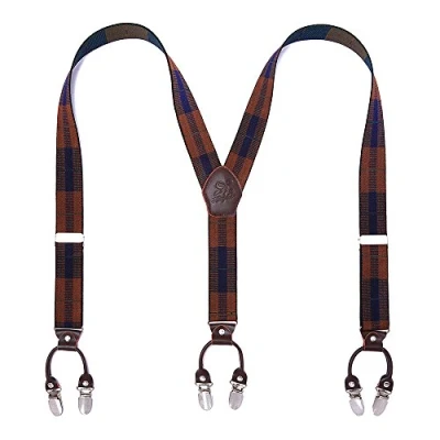 Obrázek KANGDAI Pánské šle, 6 klipů, Heavy Duty Men Braces Y zpět, 20 barev, odolné, elastické, nastavitelné silné kovové spony, Hnědý modrý kostkovaný