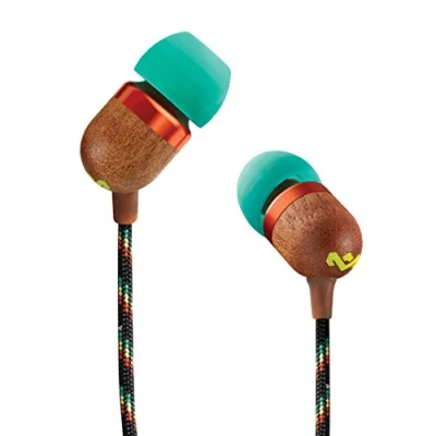 Obrázek House of Marley sluchátka s kabelem &quot;Smile Jamaica&quot; do uší mikrofonem, ovládání 1 tlačítkem a izolace hluku, vč. 2 gelových nástavců kabelu bez zamotávání (Rasta/tyrkysová)