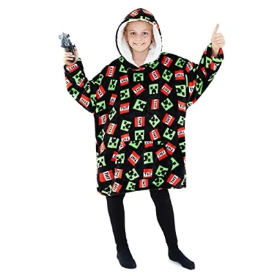 Obrázek Minecraft mikina Deka Děti Chlapci Nadměrná velikost, hebká kapuce, teplá fleecová s kapucí pro teenagery přenosné deky Hoodie chlapci, Černá Aop