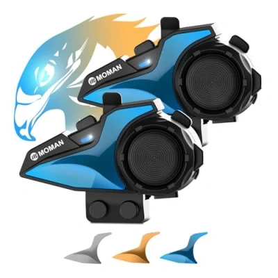 Obrázek Motorrad Headset Intercom, Moman H2E Adlerähnliches Motorradhelm Kommunikationssystem mit Dual Chip für Audio Multitasking Helm Gegensprechanlage Kopfhörer HiFi/Musik Teilen/FM/AI Sprache (2 Pack)