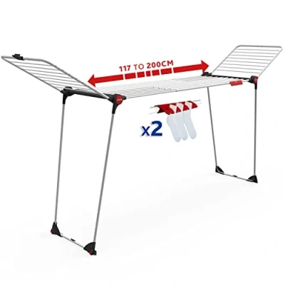 Obrázek Vileda Infinity Flex Plus stojan na prádlo, až 2 m vytahovací střední díl, 30 sušící šňůra, vysoká křídla s XXL lanem, ekologické balení, bílá/černá/červená